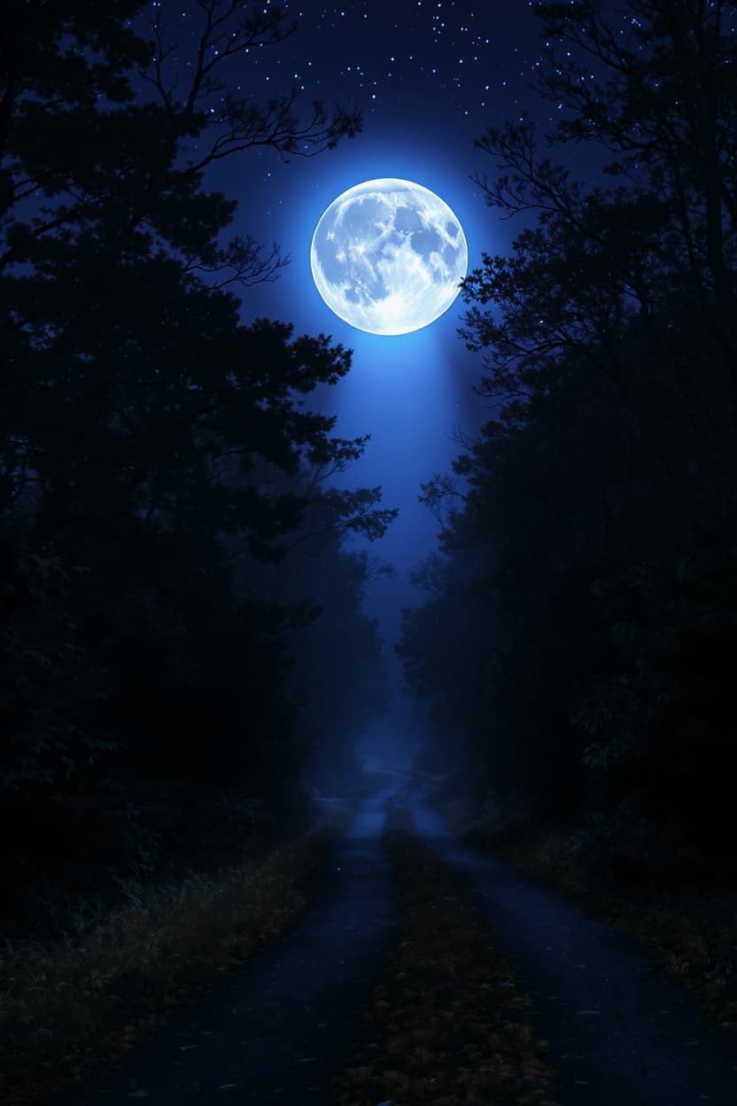 AI generated: create a Nighttime scene with Full Blue moon shinning blue light down a treelined path