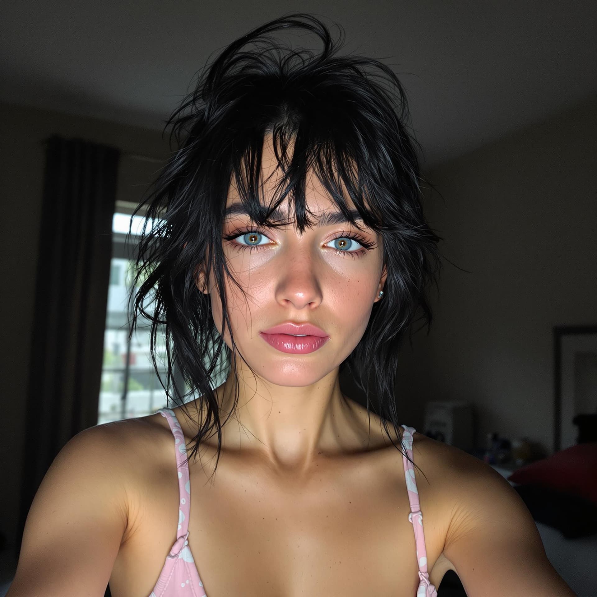 AI generated: 18-year-old woman, messy black hair, light blue eyes, tanned white skin, thin body, wearing pajamas ...