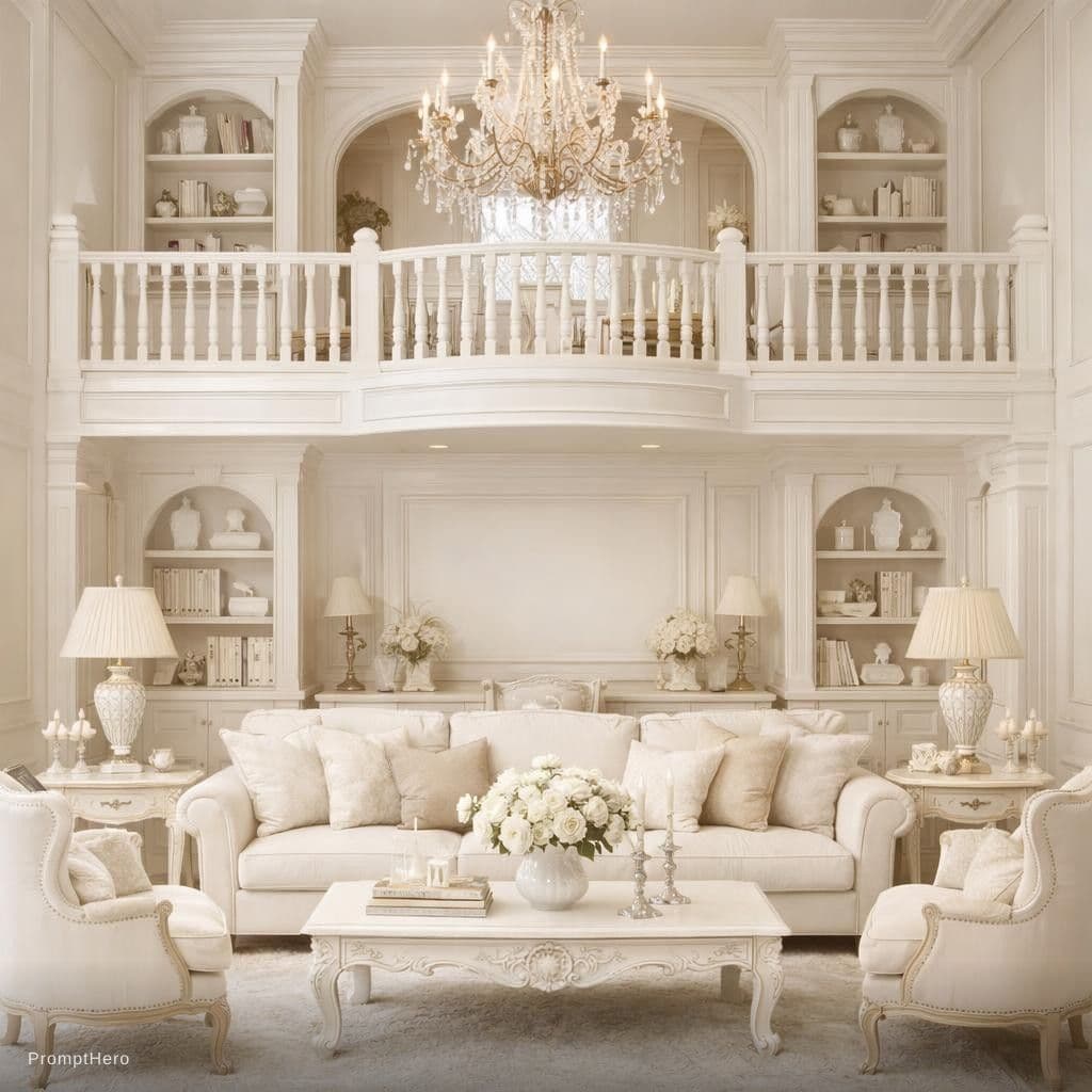 AI generated: front view, living room + loft, white + cream color tone, classic, 4k, --ar 9:16