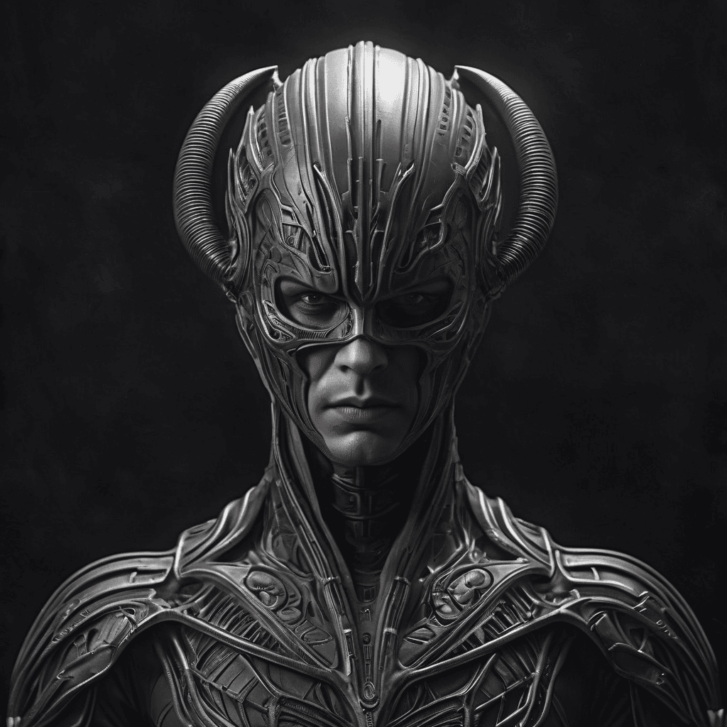 AI generated: giger art style man head Full body painting, dark background, cinematic lighting, volumetric lightin...
