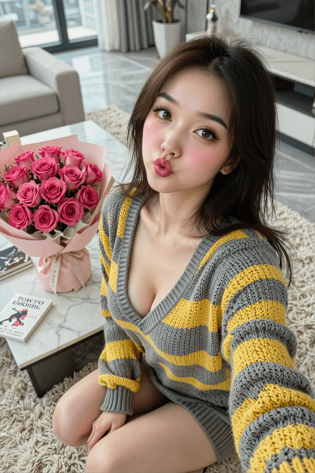AI generated: A highly detailed, photorealistic, cinematic vertical high-angle selfie shot of a stunning young eas...