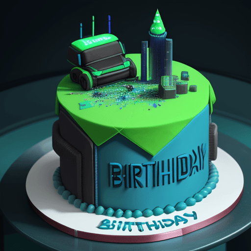 AI generated: Birthday Cake related to Data Science but its Cyberpunk dystopia [green and blue] related to Travele...