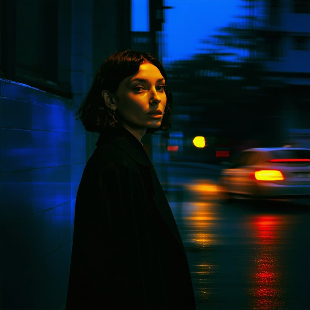 AI generated: A captivating cinematic portrait of a woman standing alone under the neon glow of a quiet city stree...