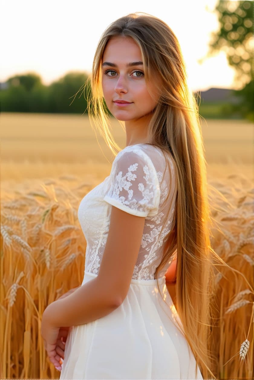 AI generated: A beautiful girl with long hair in a white lace dress poses against the backdrop of golden wheat fie...