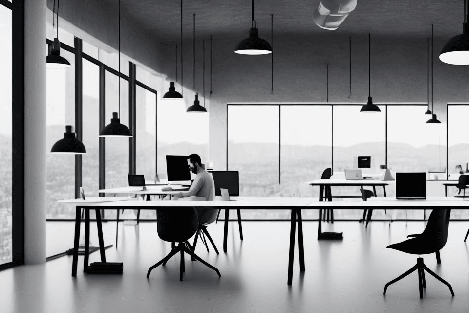 AI generated: photo of a ultra realistic co-working space , a digital nomad is seated on a dedicated desk and is w...