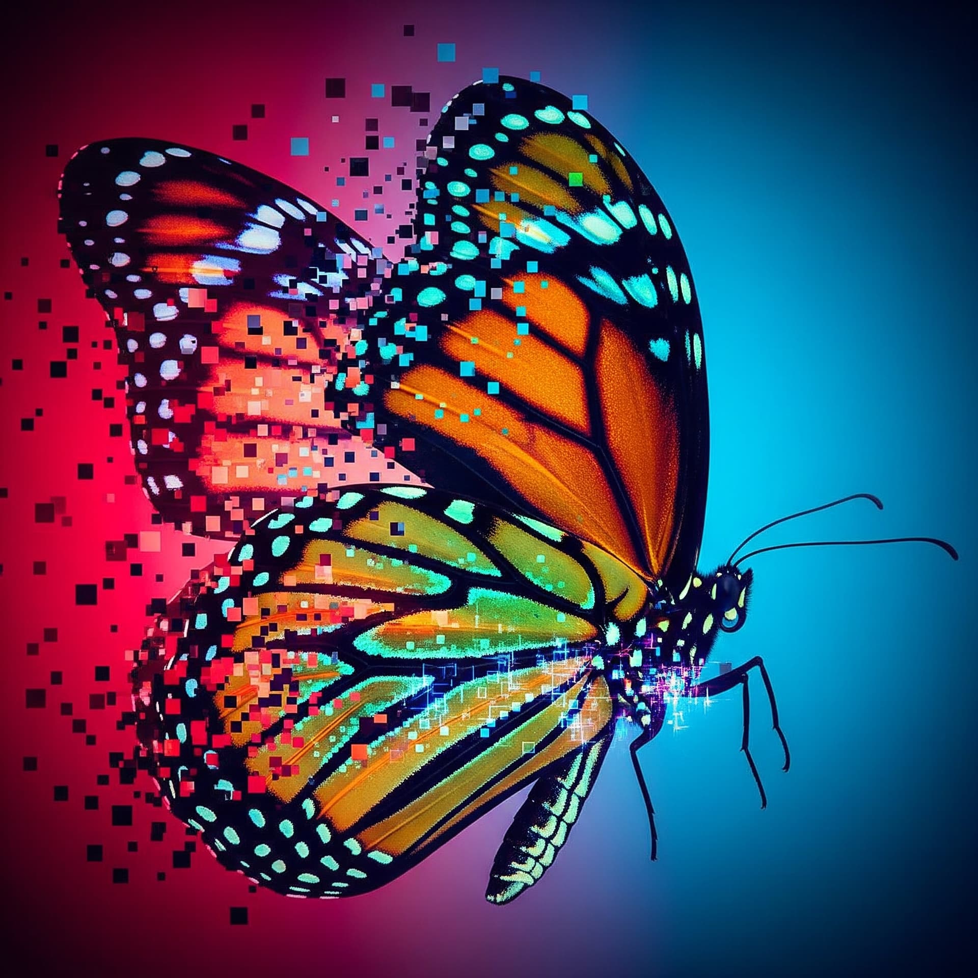 AI generated: A close-up, high-resolution image reveals a monarch butterfly in the midst of a digital defragmentat...