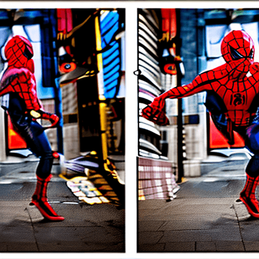 AI generated: photography, dynamic range, in the city, ollie motion with Spiderman 