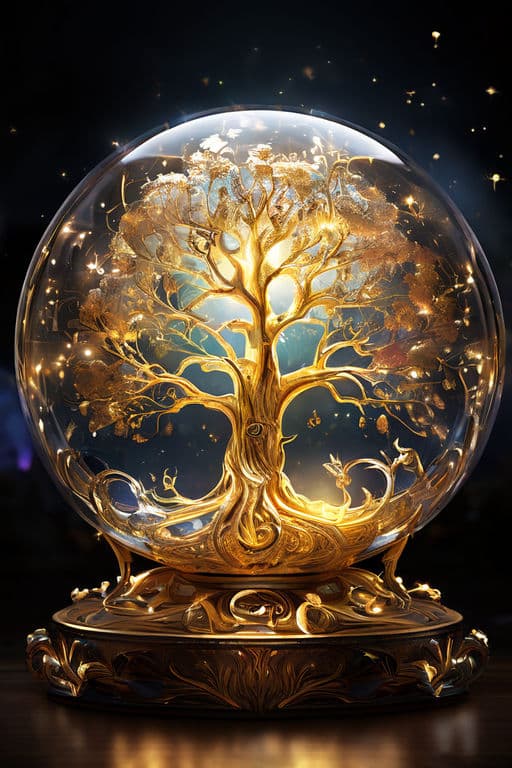AI generated: (A shimmering cosmic Tree of Life, its golden branches reaching towards the heavens, enclosed within...