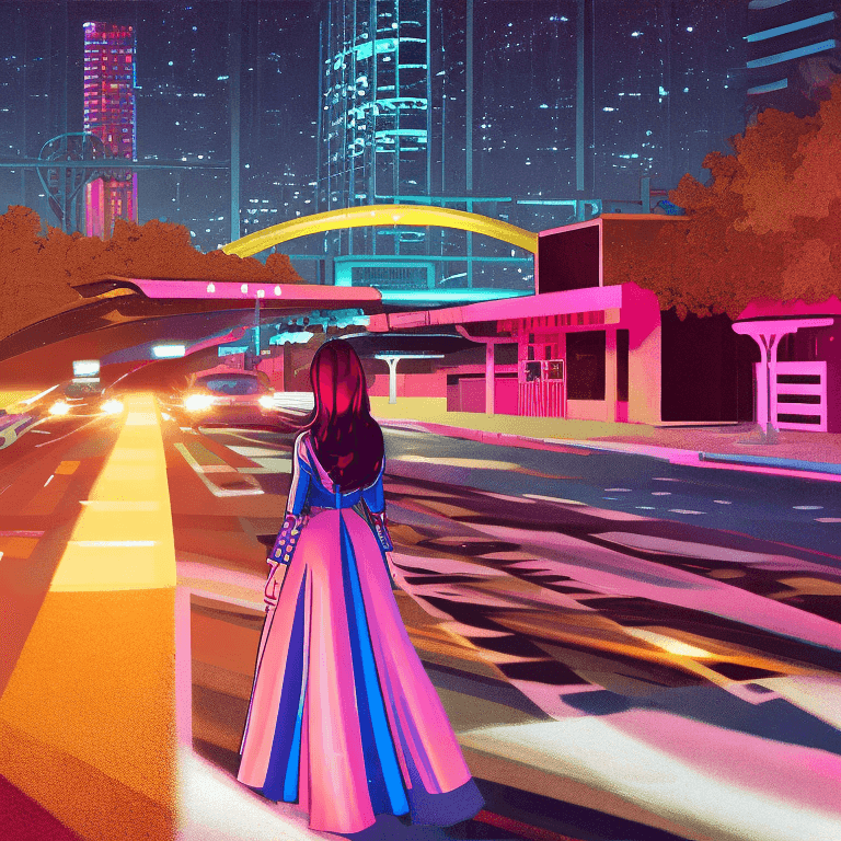 AI generated: A synthwave girl in Los Angeles at night, Synthwave aesthetic. Art by Don Bluth