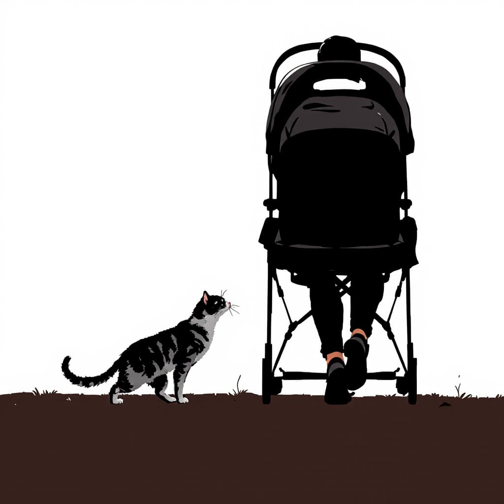 AI generated: a cat walks a person who is sitting in a stroller