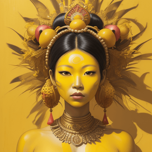 AI generated: a mural of Asian woman on a yellow wall with fruit on her head, in the style of ingrid baars, 32k uh...