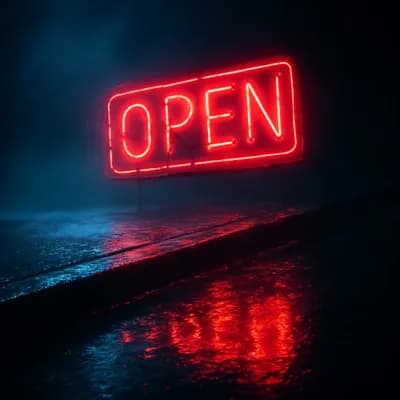 AI generated video: “2.39:1, 30 fps • DUTCH ANGLE: flickering neon sign looms over a rain-slicked curb • pulses erratica...