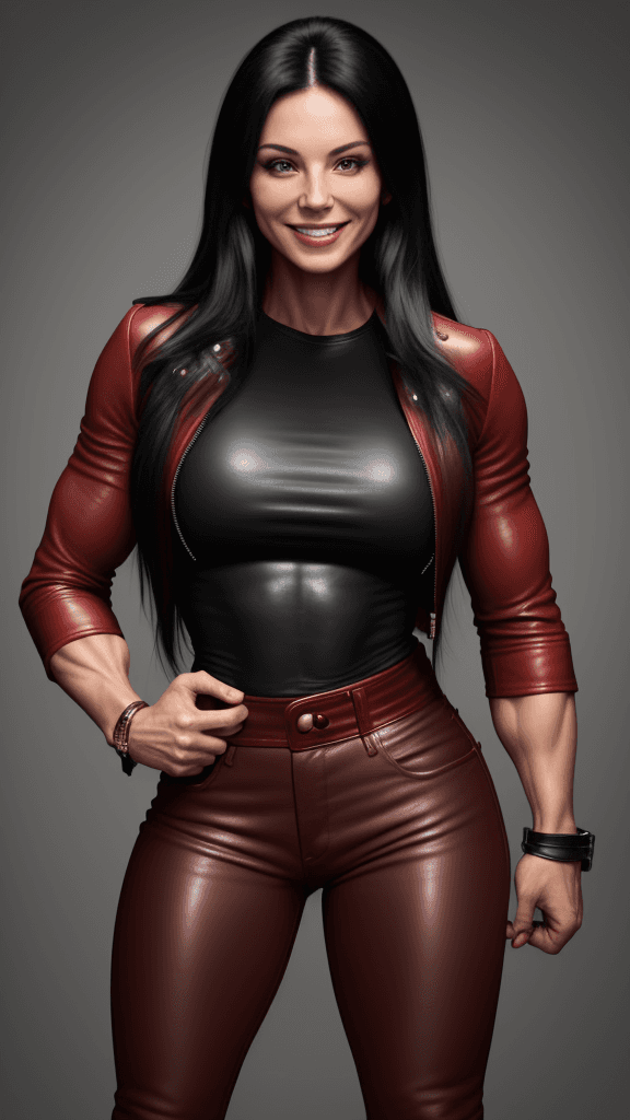 AI generated: 30 year old strong muscular woman with medium breasts, toned biceps, long black hair, wears red leat...
