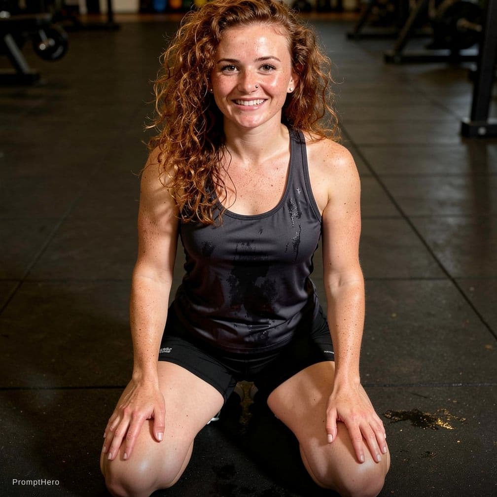 AI generated: Produce a photorealistic, candid, unplanned and sloppy gym photo of a 4'10", average-looking (averag...