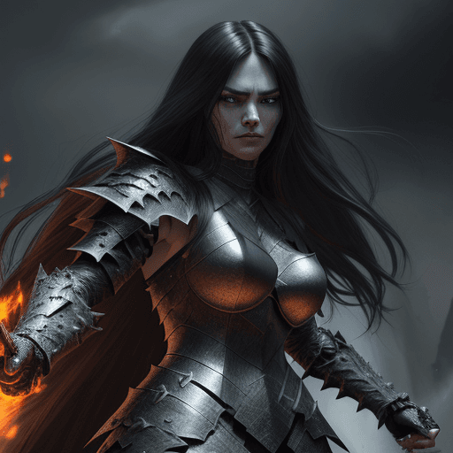 AI generated: Realistic women with black scary armor, Holding fire Sword, human face, long hair, perfectly detaile...