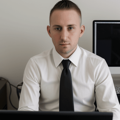 AI generated: 32 year old man, correct, white, short hair, shaved, sitting upright in front of computer, working o...