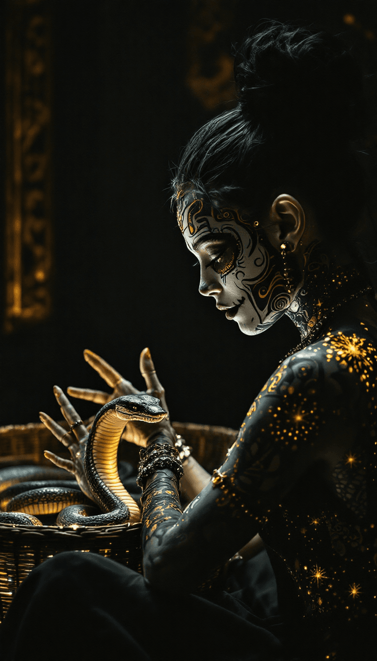 AI generated: Closeup of the intricate detailed Design of a face painted slightly smiling albino scandinavian Woma...
