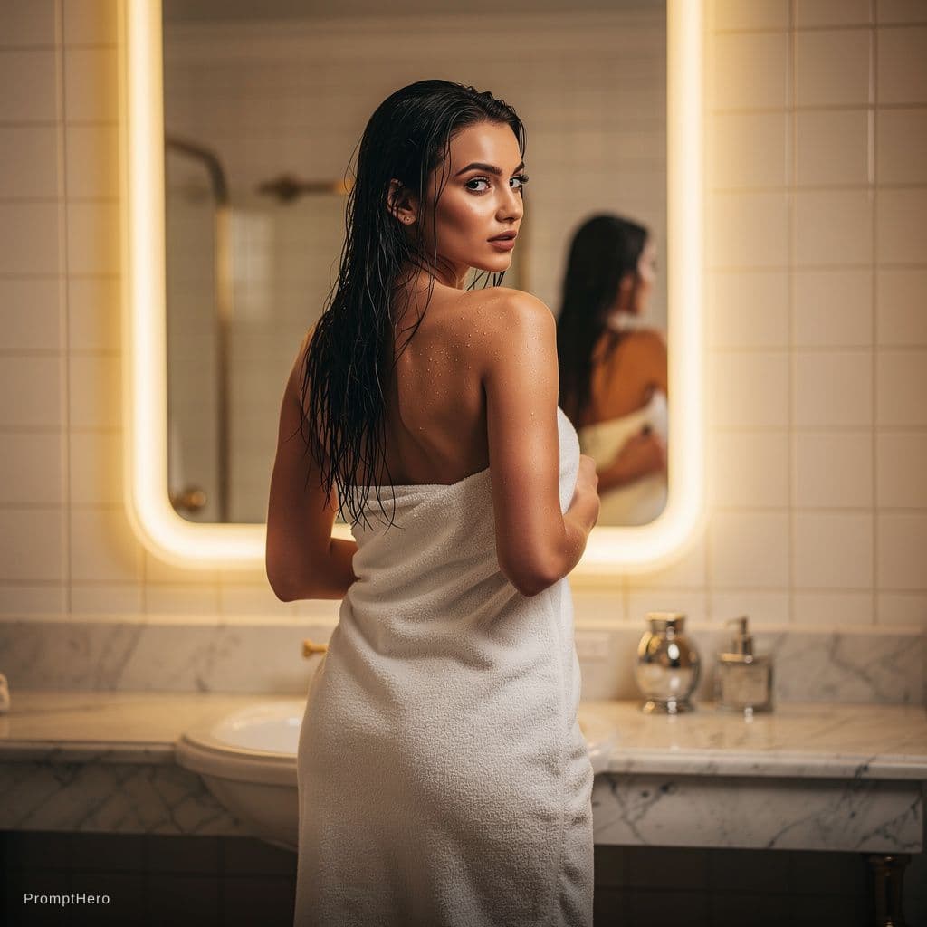 AI generated: A stunningly beautiful nude woman with long, wet, dark hair cascading down her back, standing in a l...