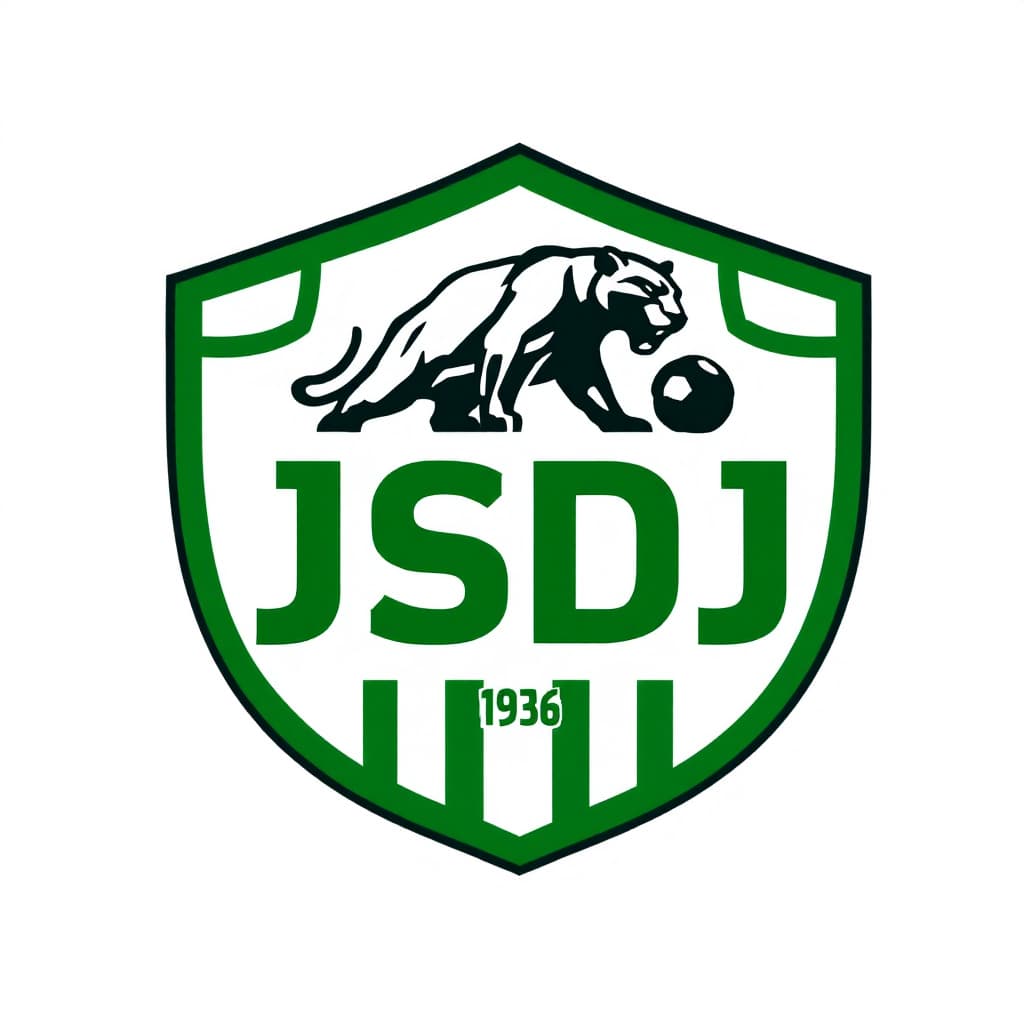 AI generated: A soccer logo with a shield shape. Colors  green and white, a panther in green , letters JSDJ in gre...