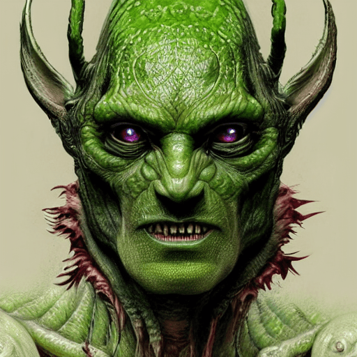 AI generated: green-skinned reptilian, small antennae-like ears, large fangs, large eyes with white sclera and red...