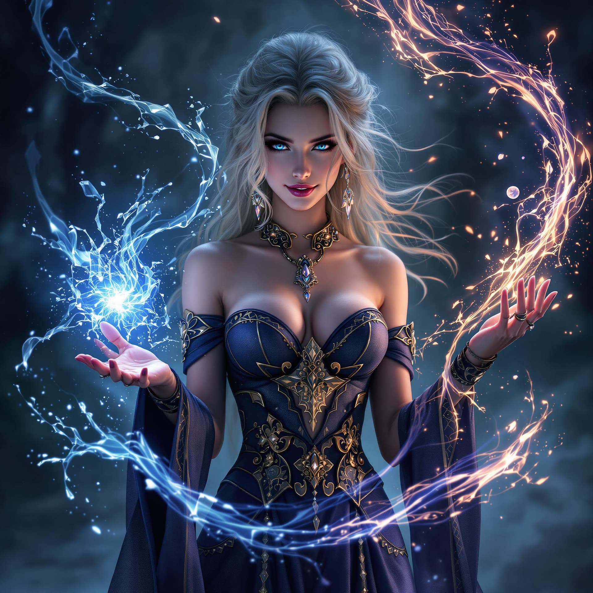 AI generated: A stunning slim female wizard stands poised in a magical dark fantasy realm, casting a mesmerizing s...