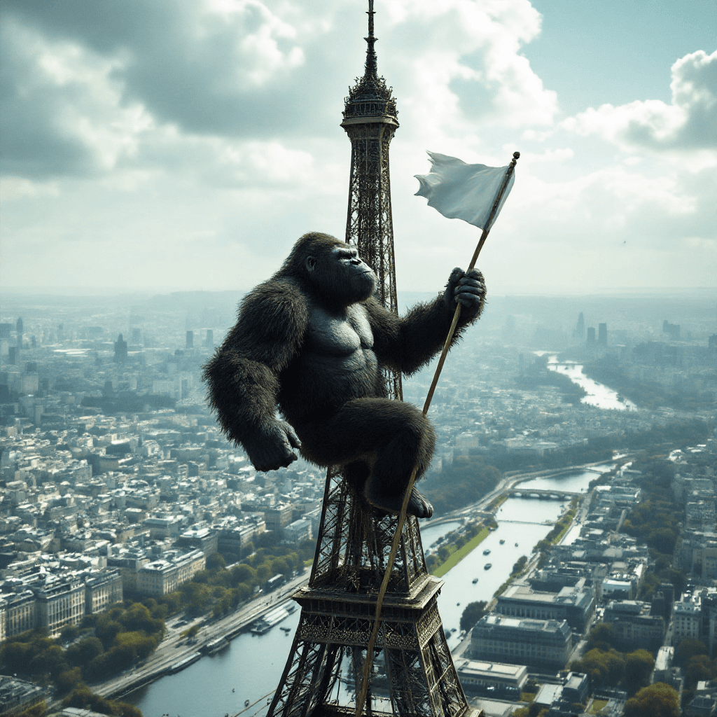 AI generated: king Kong climbing the Eiffel Tower, holding a white flag attached to a metal pole in one hand, in a...