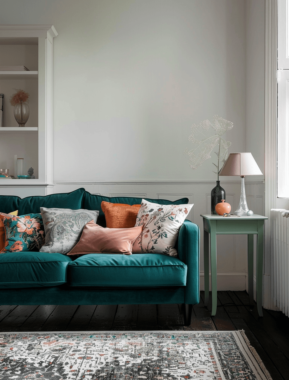 AI generated: A teal sofa with multiple colorful cushions, accompanied by an olive green side table and lamp on th...