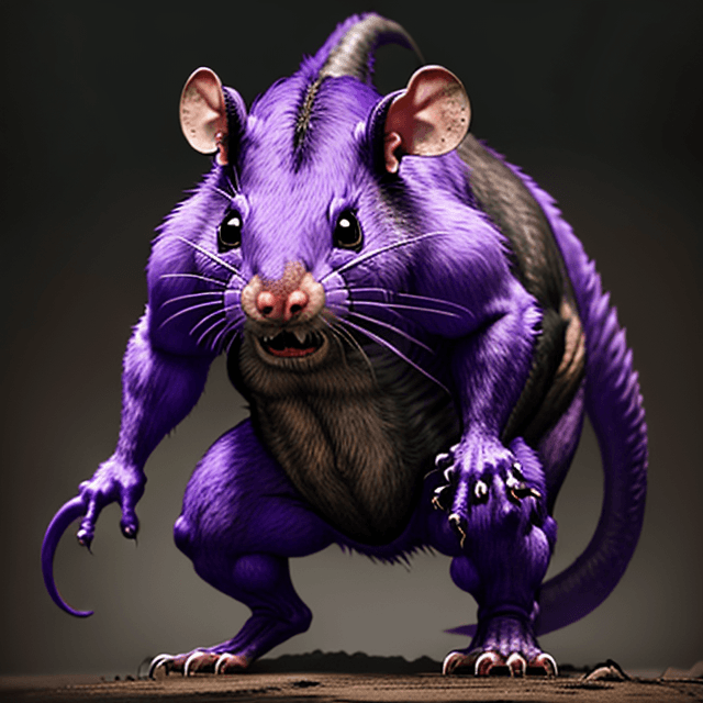 AI generated: front view of a standing prehistoric, wild, ugly, scary, giant violet rat, 8k