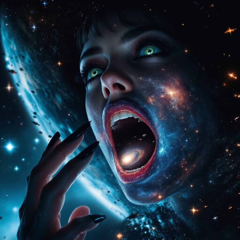 AI generated: enormous giantess actress Aubrey Plaza
bigger than a galaxy  floating in space, minuscule galaxy in ...