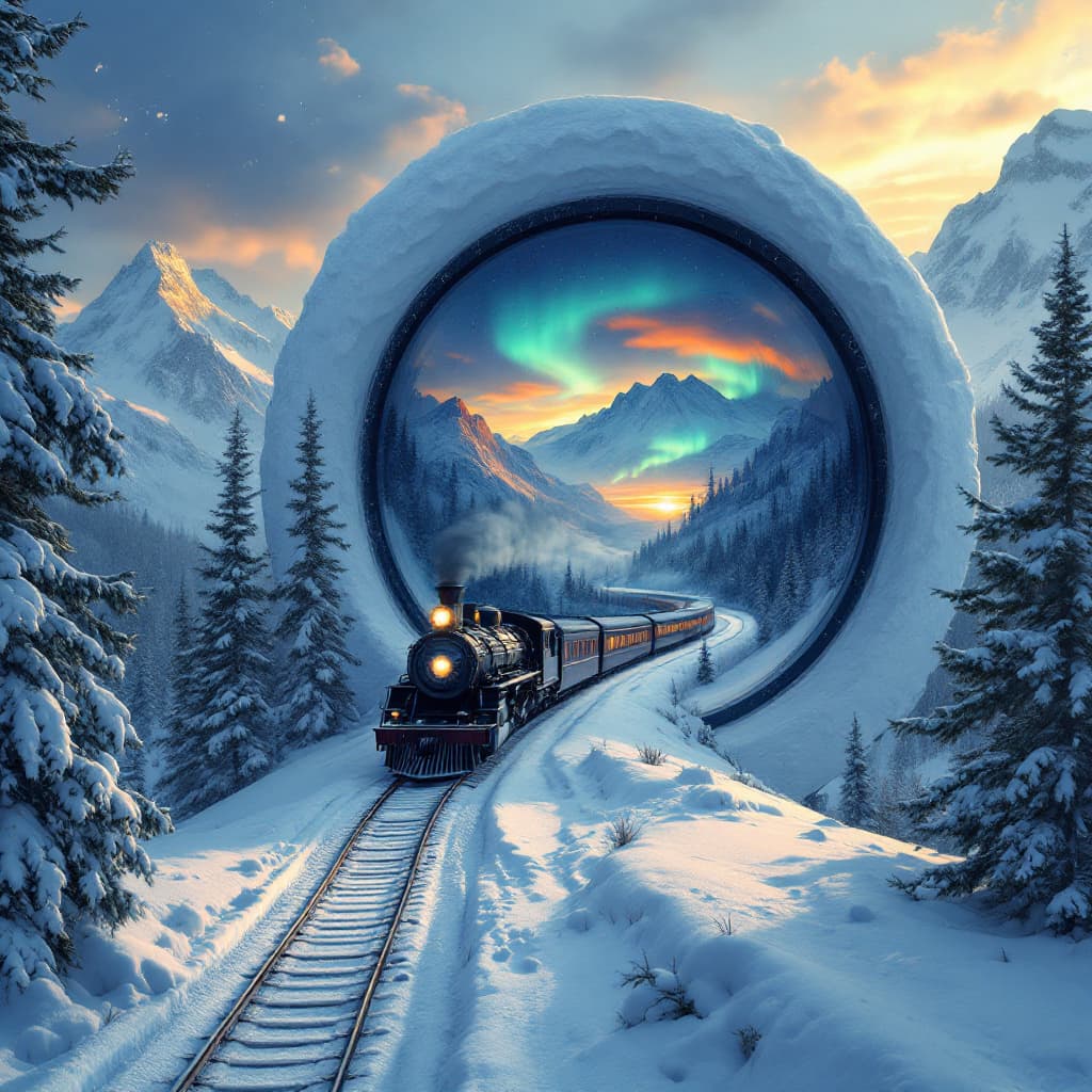 AI generated: Large, snow-covered camera lens encompassing a winter landscape.  Inside the lens, a steam train tra...