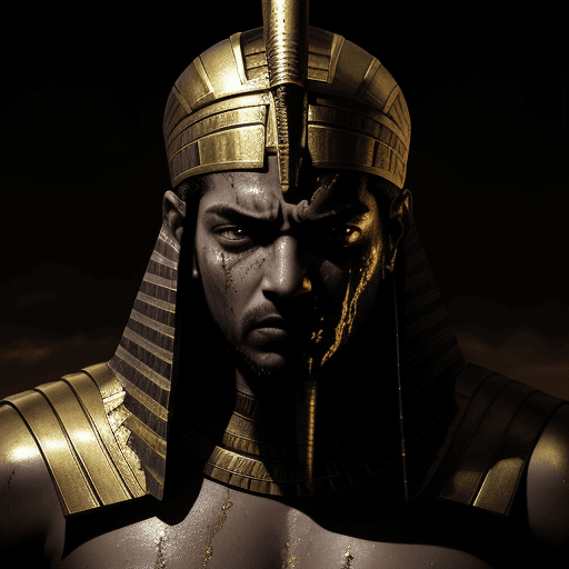 AI generated: God of Egypt looks at the enemy, stands after the battle, fear and horror on his face, tired and bea...