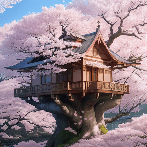 AI generated: THE CHERRY BLOSSOM TREE HOUSE :: beautiful ornate treehouse in a gigantic pink cherry blossom tree :...