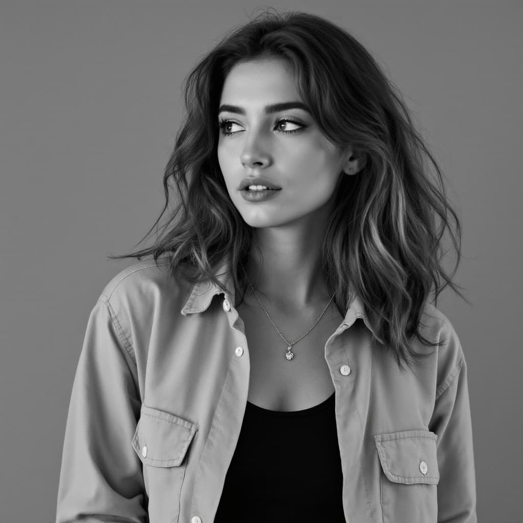 AI generated: A black and white image of a young woman with medium-length wavy hair. She wears a casual yet stylis...