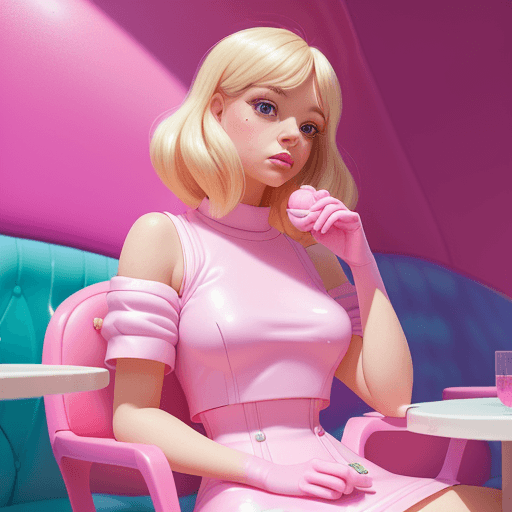 AI generated: blond woman sitting on a pink chair in a pink ice cream parlor, sydney sweeney, official artwork, po...