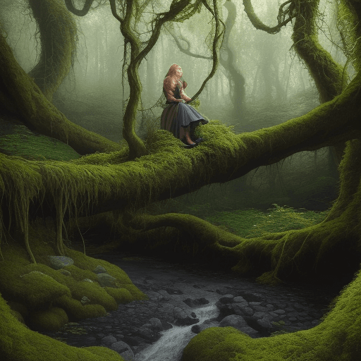 AI generated: A very old European, primeval forest with a small river in the middle. Liana hanging down from the t...