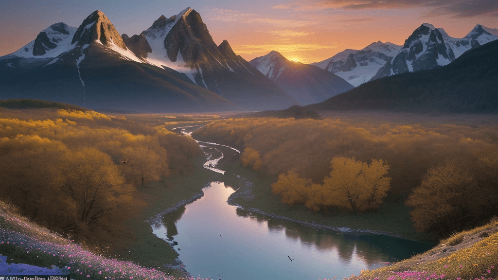 AI generated: bokeh, ​Visualize a breathtaking mountain landscape at sunset, where the last golden rays of light r...