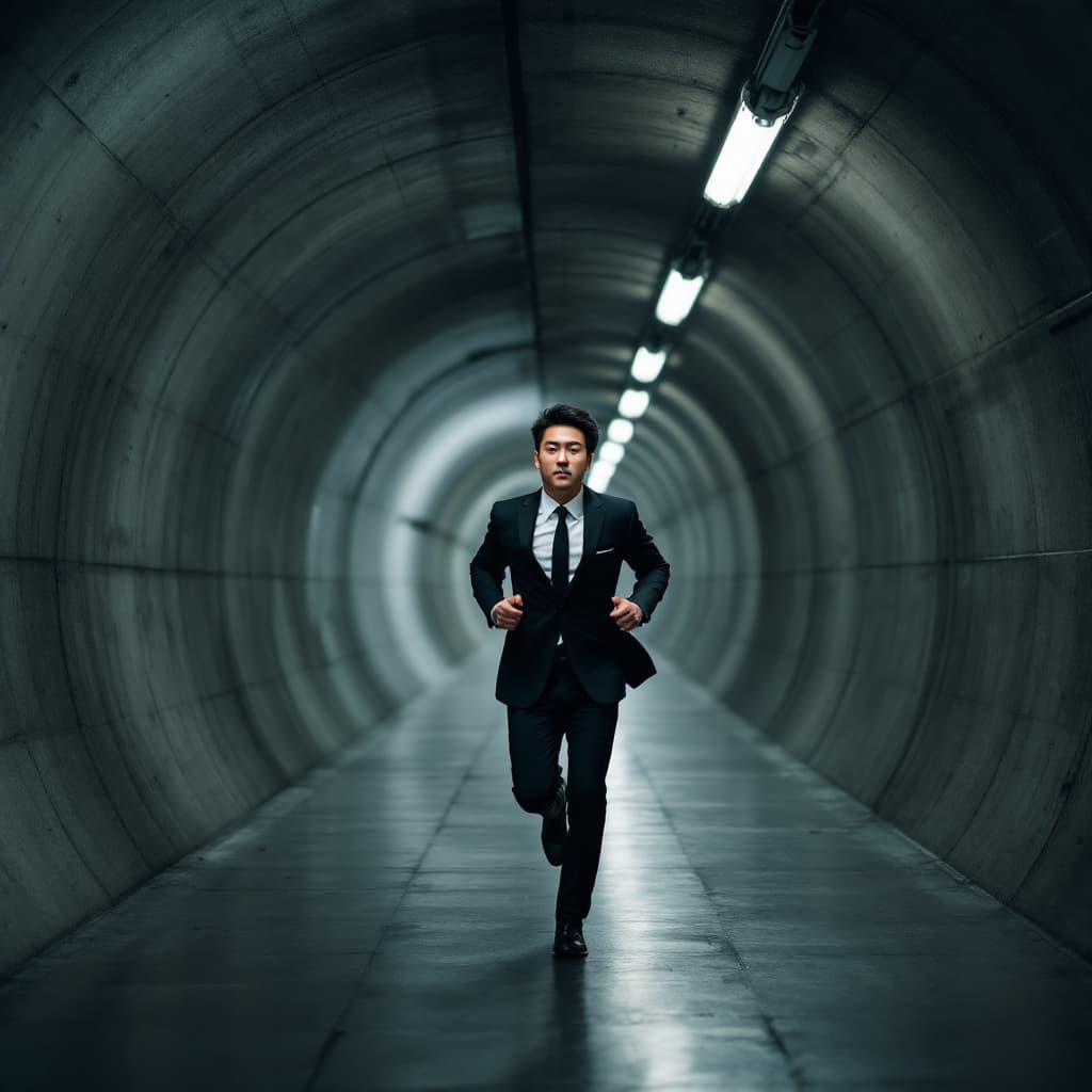 AI generated: An Asian man in a black suit running in a long tunnel