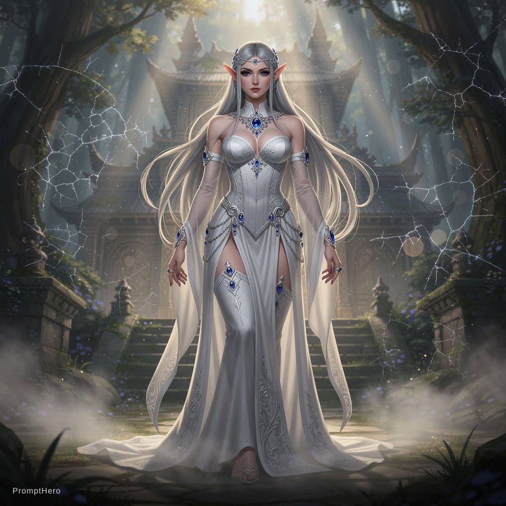 AI generated: full body shot nude female, nude woman elf, intricate, slender face, elegant, dark royal blue eyes, ...