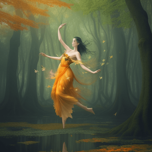 AI generated: A long shot image with leaves floating in the air. In the background there is a large magical forest...