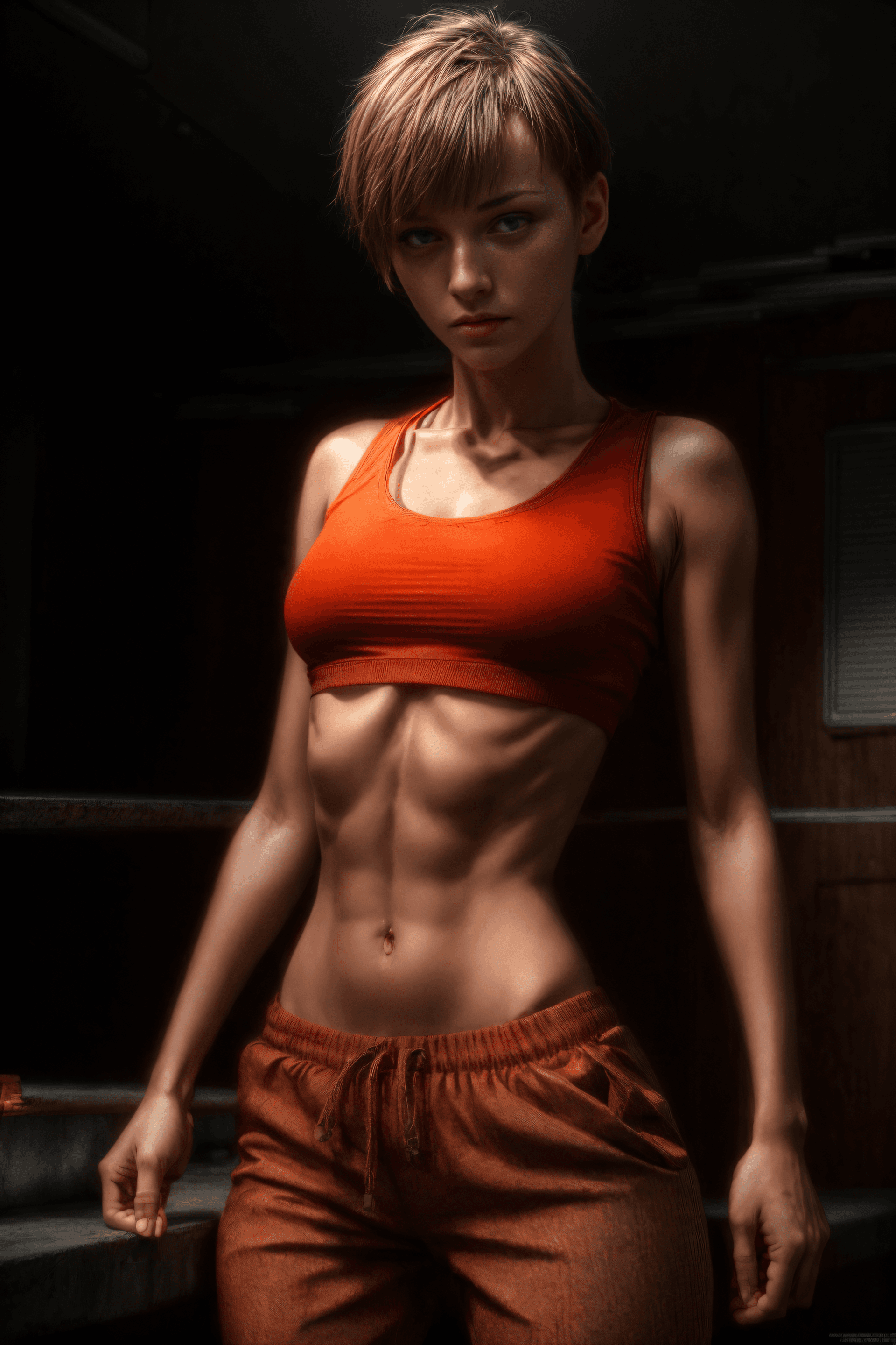 AI generated: <hypernet:Ina_Embedding_512_hyper:0.8>, american girl on a dark cafeteria school, (skinny,flat chest...