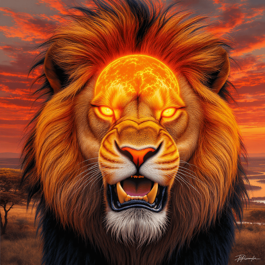 AI generated: An extreme close-up digital painting of a majestic Barbary lion's face, directly confronting the vie...