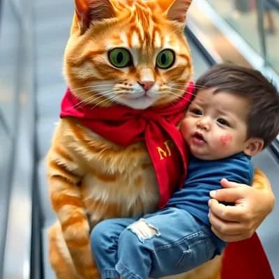 AI generated video: Cat carrying kid in his arms and walks 