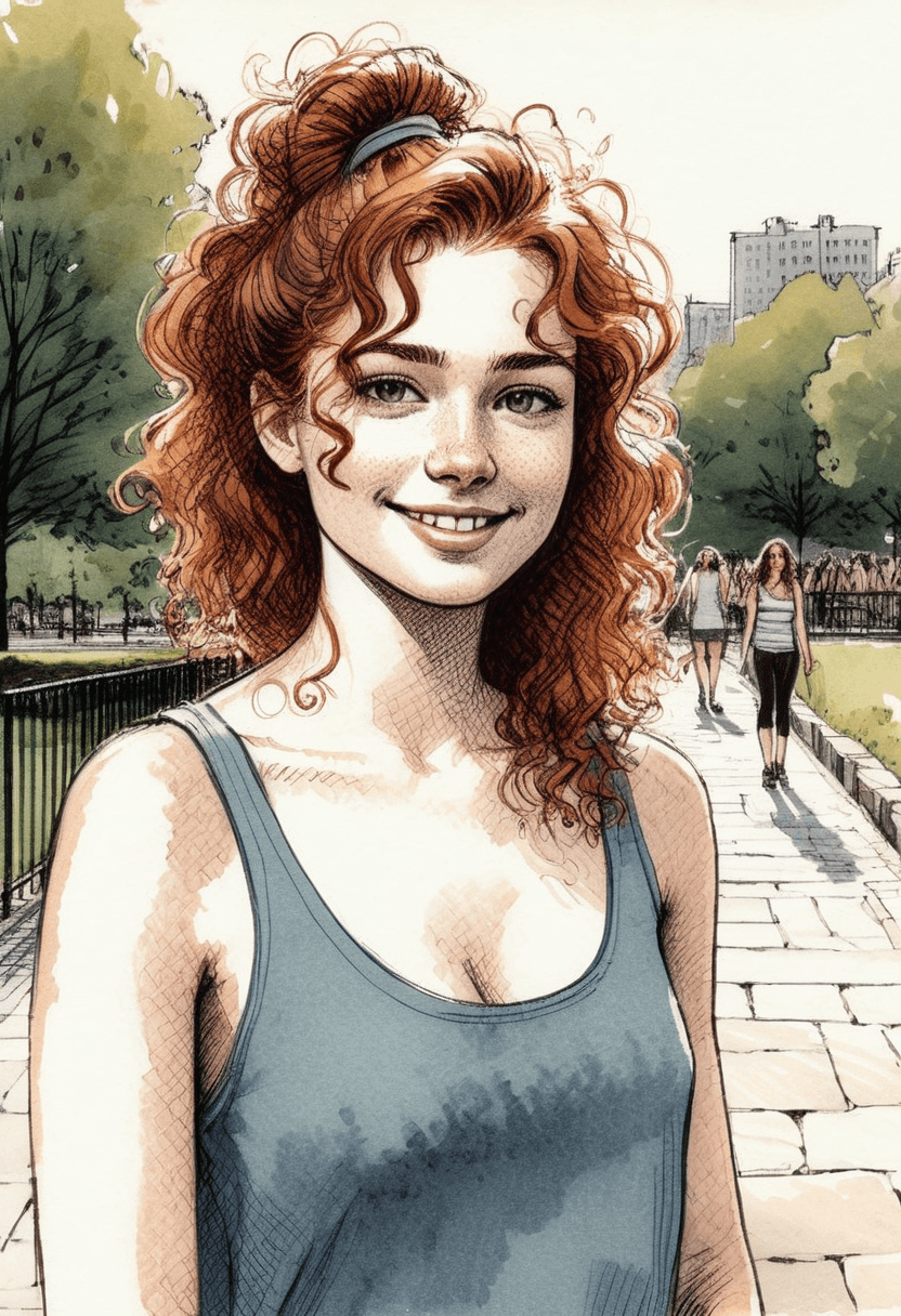 AI generated: ink sketch of a woman, spiral curls, long auburn hair, (freckles:0.6), standing in a stone walkway i...