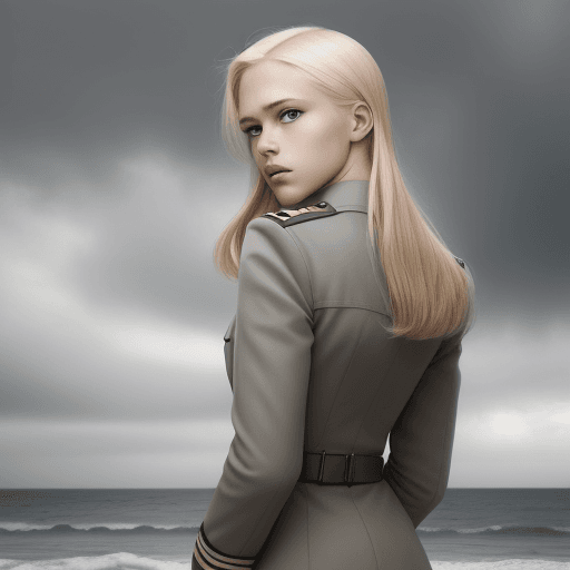 AI generated: High resolution photography, young blonde with a sad look, parted lips, with her back to the gray se...