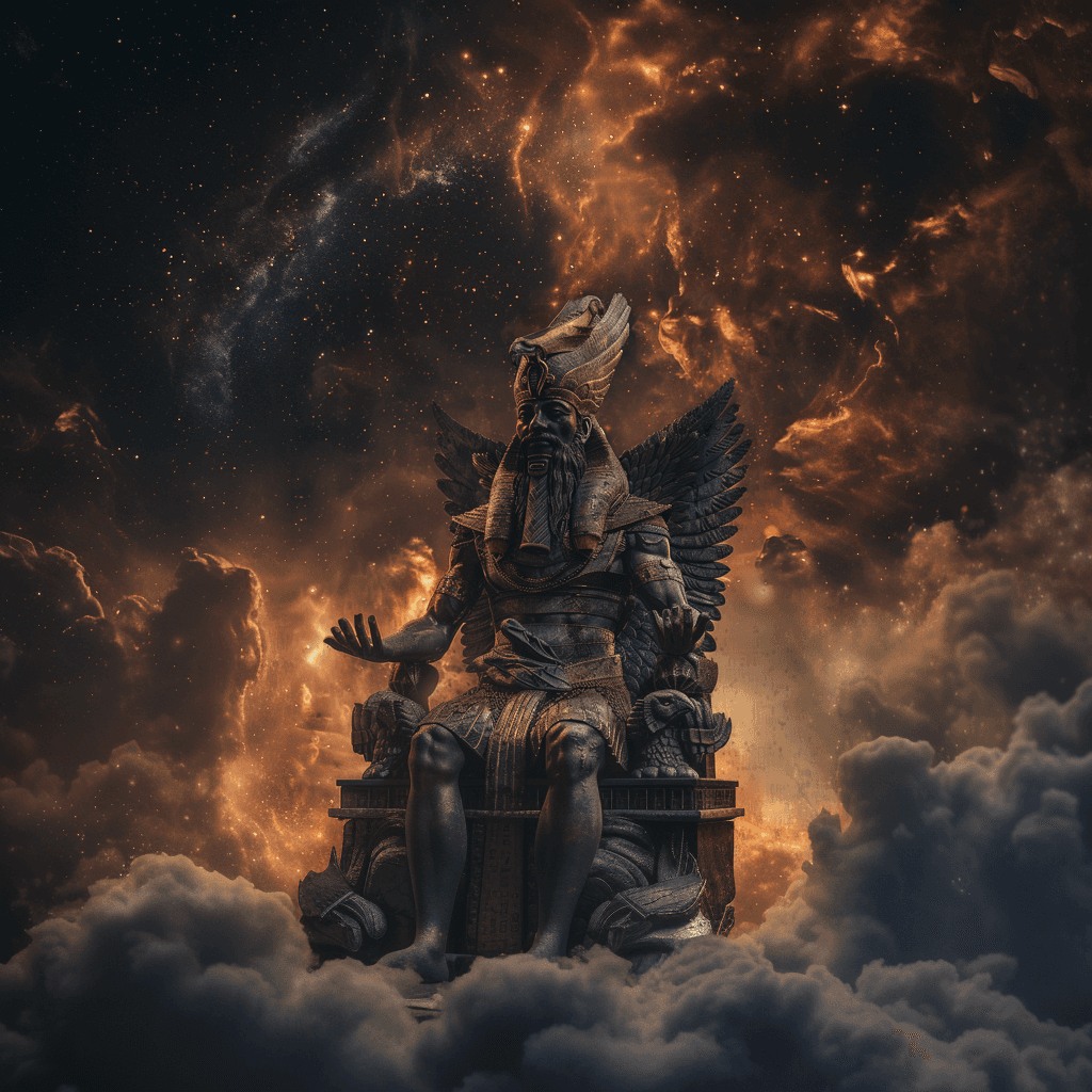 AI generated: A highly detailed photograph of an ancient Egyptian God sits on his throne against a nebula backgrou...