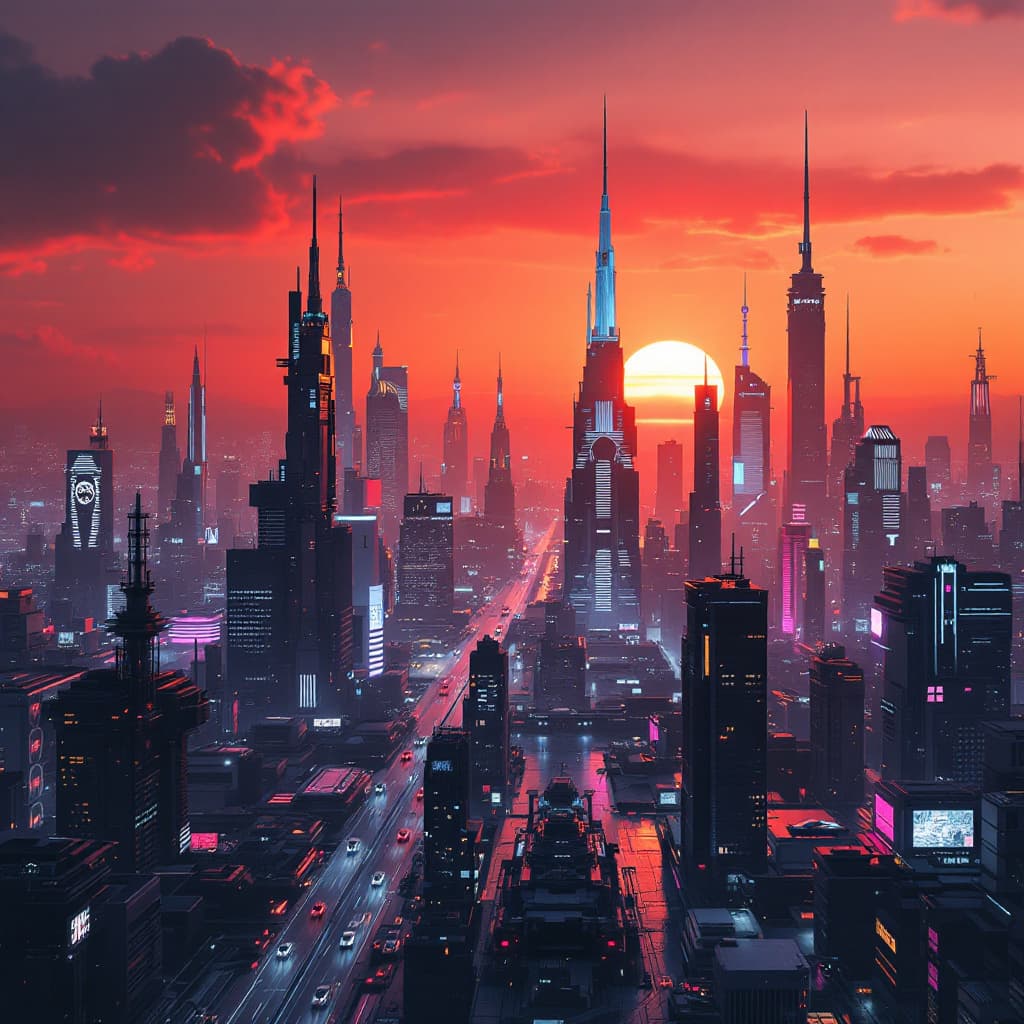 AI generated: A futuristic city skyline at sunset, flying cars, neon lights, cyberpunk style"