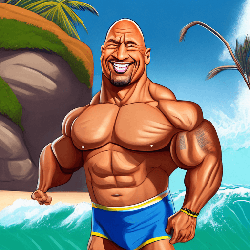 AI generated:  a humorous, exaggerated caricature of Dwayne Johnson. His face has oversized, intense eyes with one...