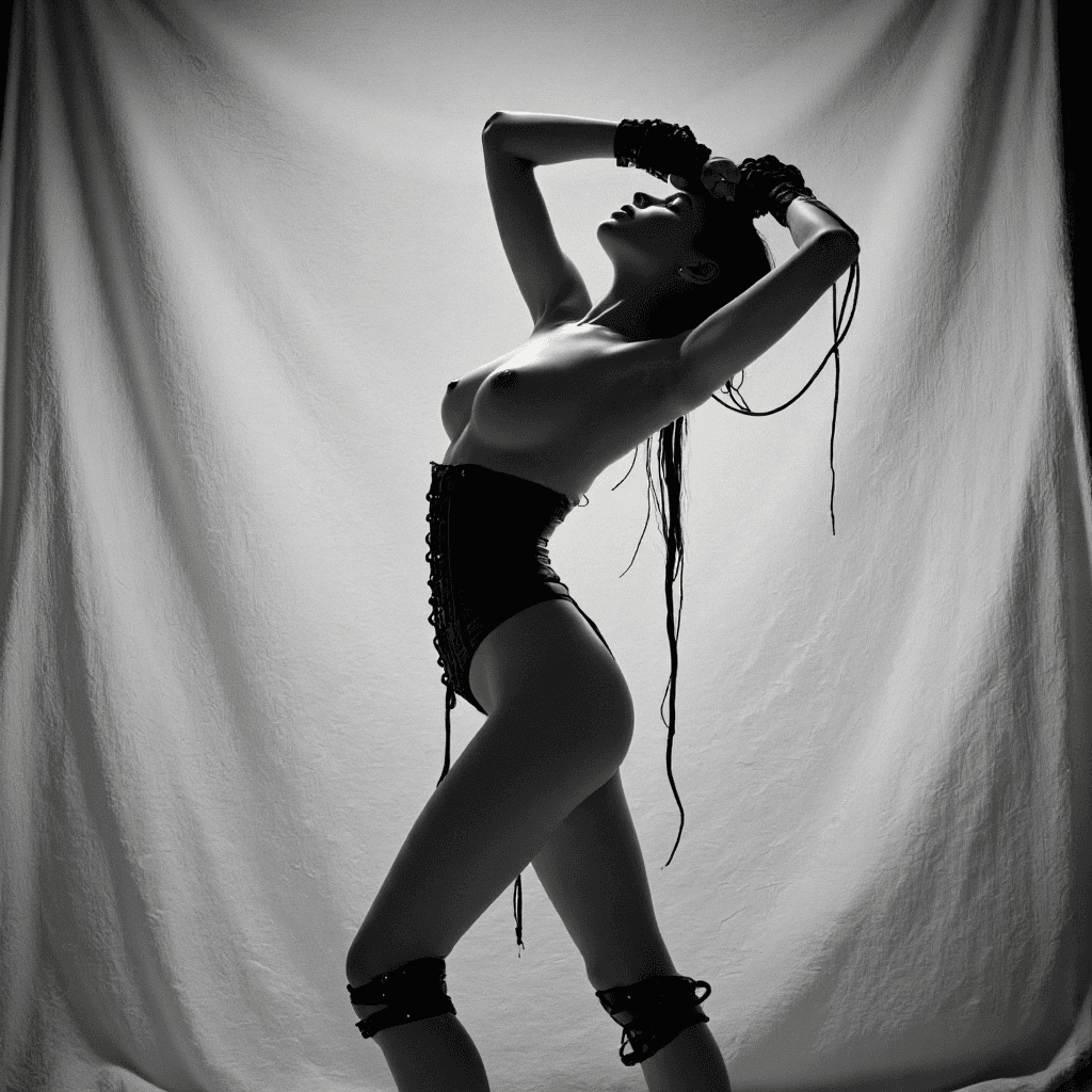 AI generated: (Fine Art Nude:1.5, Chiaroscuro Lighting:1.4, High Contrast:1.3, Moody Atmosphere:1.3, Cinematic Dep...
