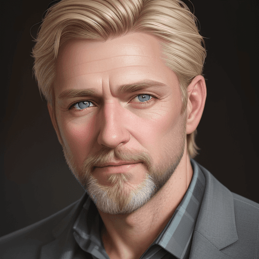 AI generated: headshot of a handsome middle aged man with medium blonde hair, stubble beard, hazel green eyes ,loo...