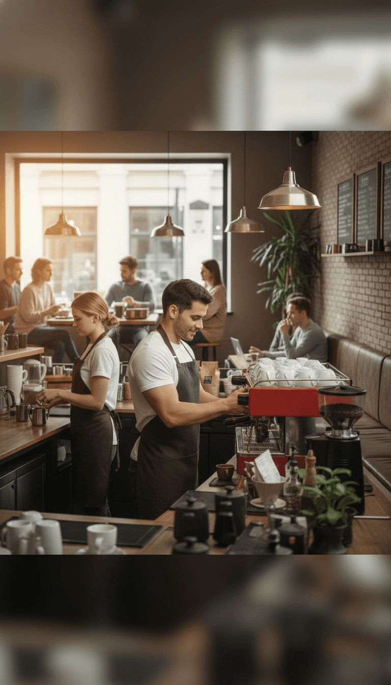 AI generated: At a coffee shop, a female blonde barista 5'5" tall behind the bar. Male Hispanic barista 5'2" tall,...